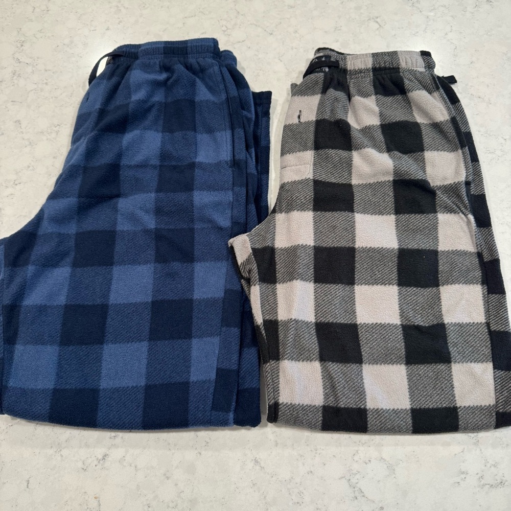 TWO Lucky Brand Checkered Plaid Fleece Pajama Pants Pockets Blue/Navy Black/Gray